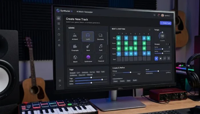 AI music generator platform dashboard showing options to select music genres and beats