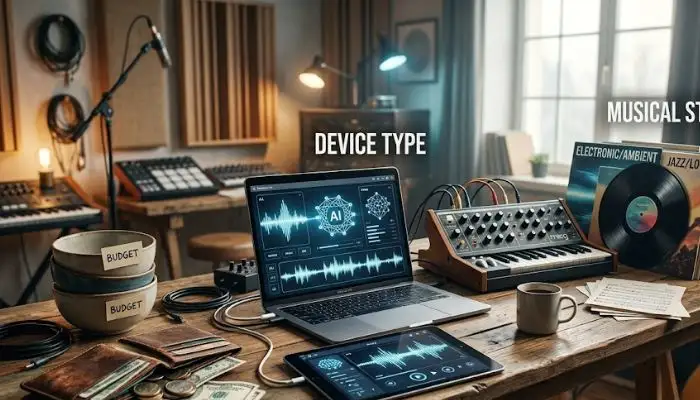 Conceptual illustration representing choices for budget, device type, and musical style for AI tools
