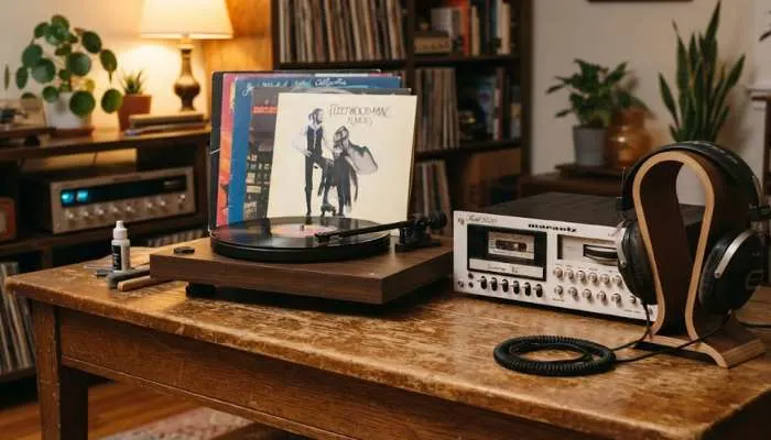 Vinyl records, a cassette player, and retro headphones arranged on a wooden table with warm lighting.