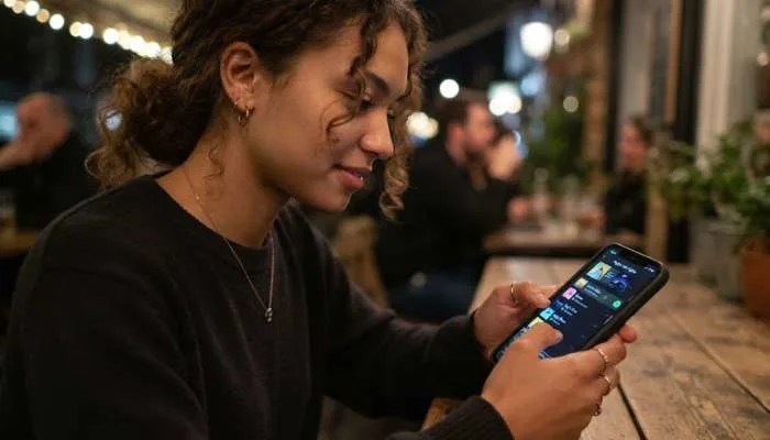 Close-up of a young person using a smartphone app to stream music and view playlists.
