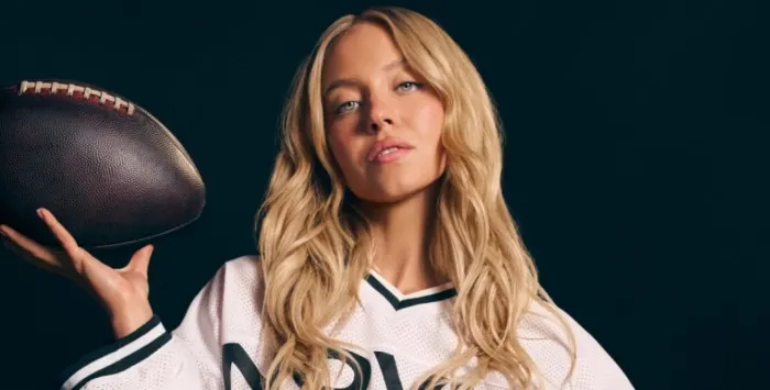 Promotional image of Sydney Sweeney for the Novig sports prediction market campaign.